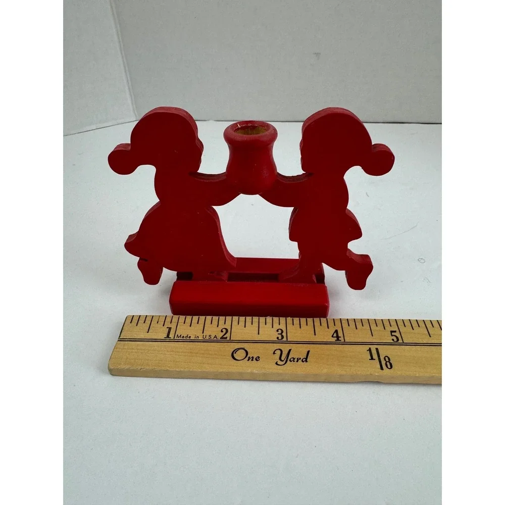 Vintage Swedish Wood Candle Holder Red Boy Girl Silhouette with Lenox Candles